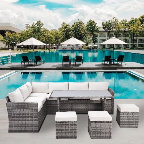 Outdoor Patio Furniture Set,7 Pieces Outdoor Sectional Conversation Sofa with Dining Table,Chairs and Ottomans,All Weather PE Rattan and Steel Frame,W Outdoor Patio Furniture Set,7 Pieces Outdoor Sectional Conversation Sofa with Dining Table,Chairs and Ottomans,All Weather PE Rattan and Steel Frame,W